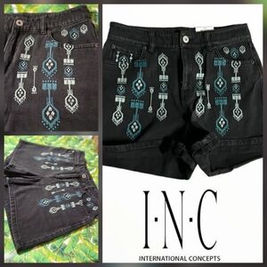 🔥INC International Concepts Black Tribal Style Embroidered Shorts Size 6/28